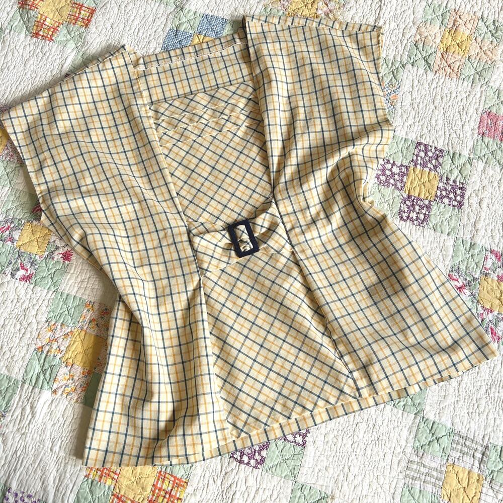 Vintage 50s/60s Yellow + Blue Checkered Pleated Gathered Blouse L